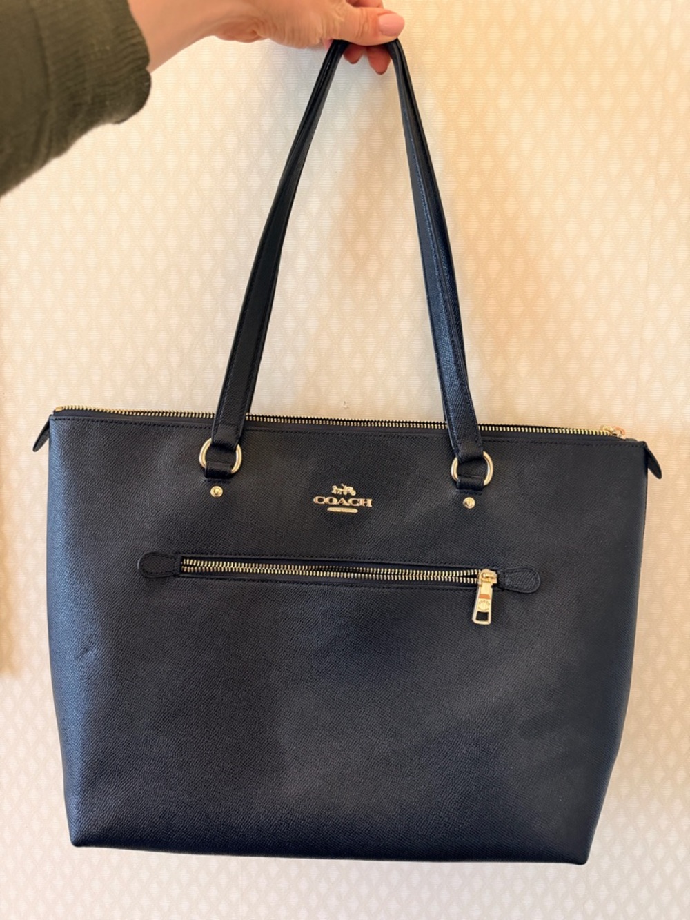 Coach Black Leather Zip-Front Tote with Gold Hardware